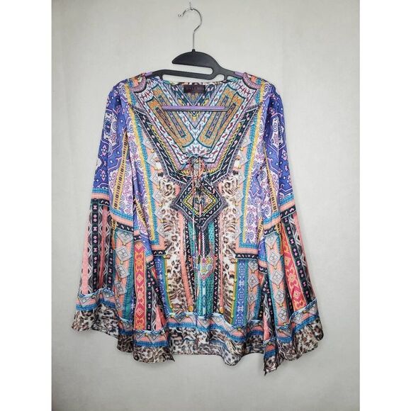 Hale Bob Deep V Lace Up Mixed Print Leopard Artsy Satin Flare Sleeve Blouse - Picture 1 of 6
